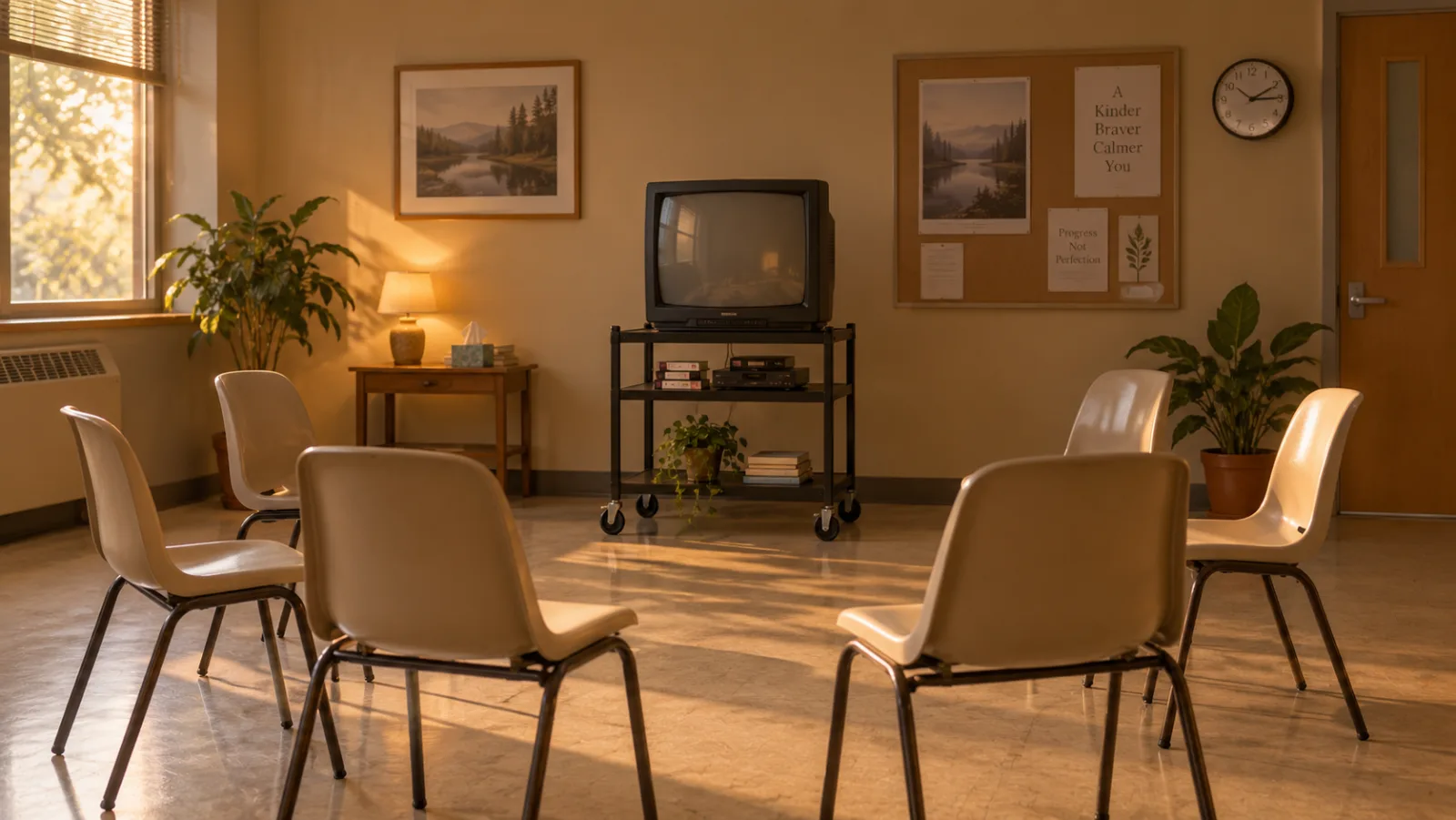 A quiet group therapy room with a circle of chairs facing an old television