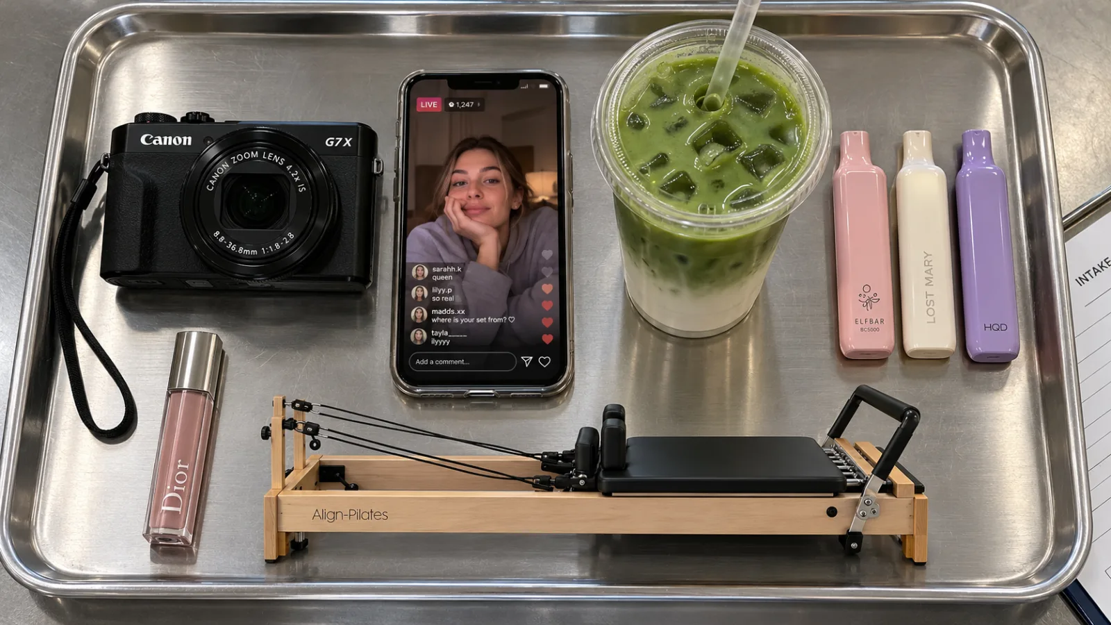 Items on a stainless steel intake tray: a camera, a phone, lip gloss, an iced matcha latte, three vapes and a tiny Pilates reformer