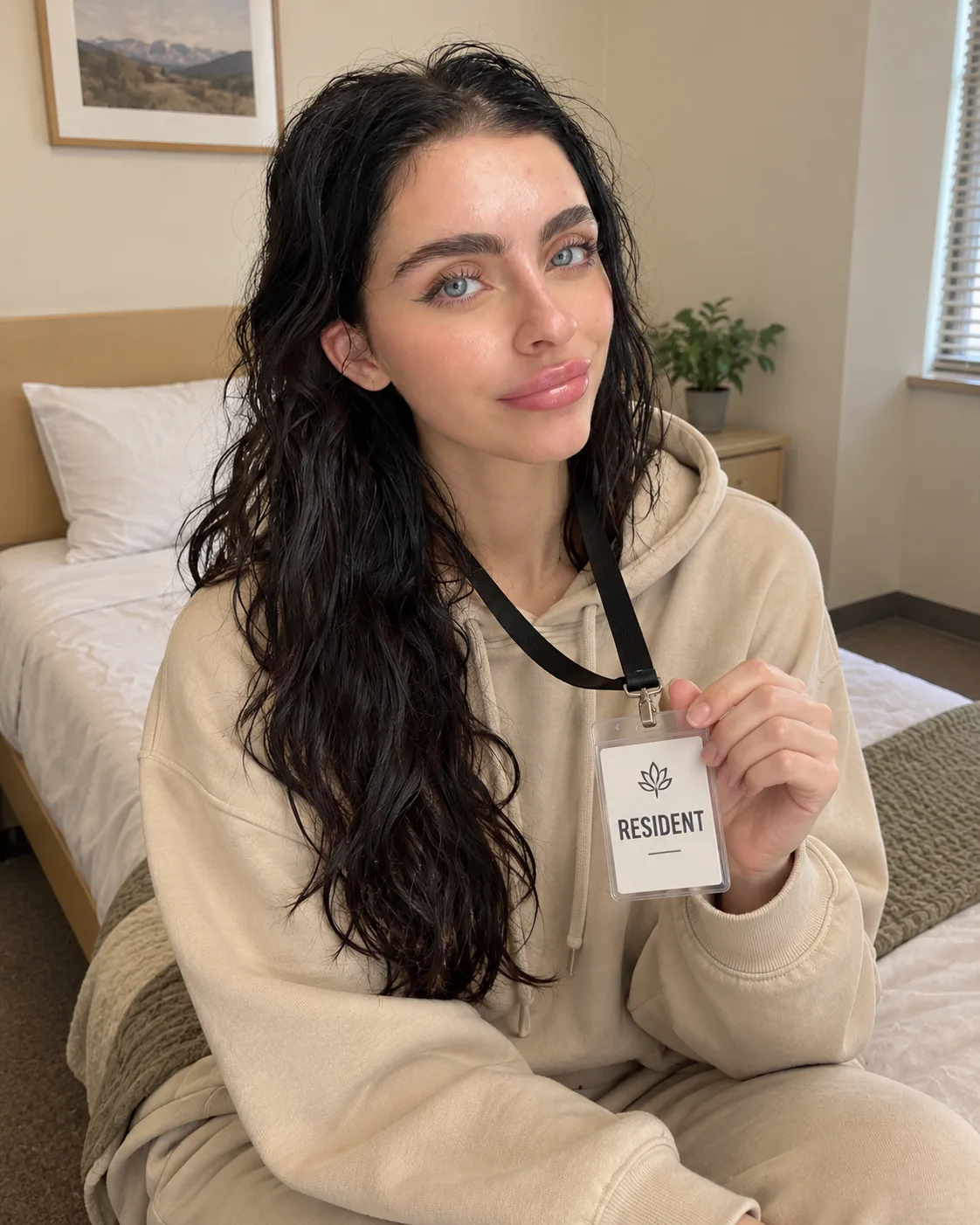 Lauren in a beige facility hoodie holding a resident lanyard