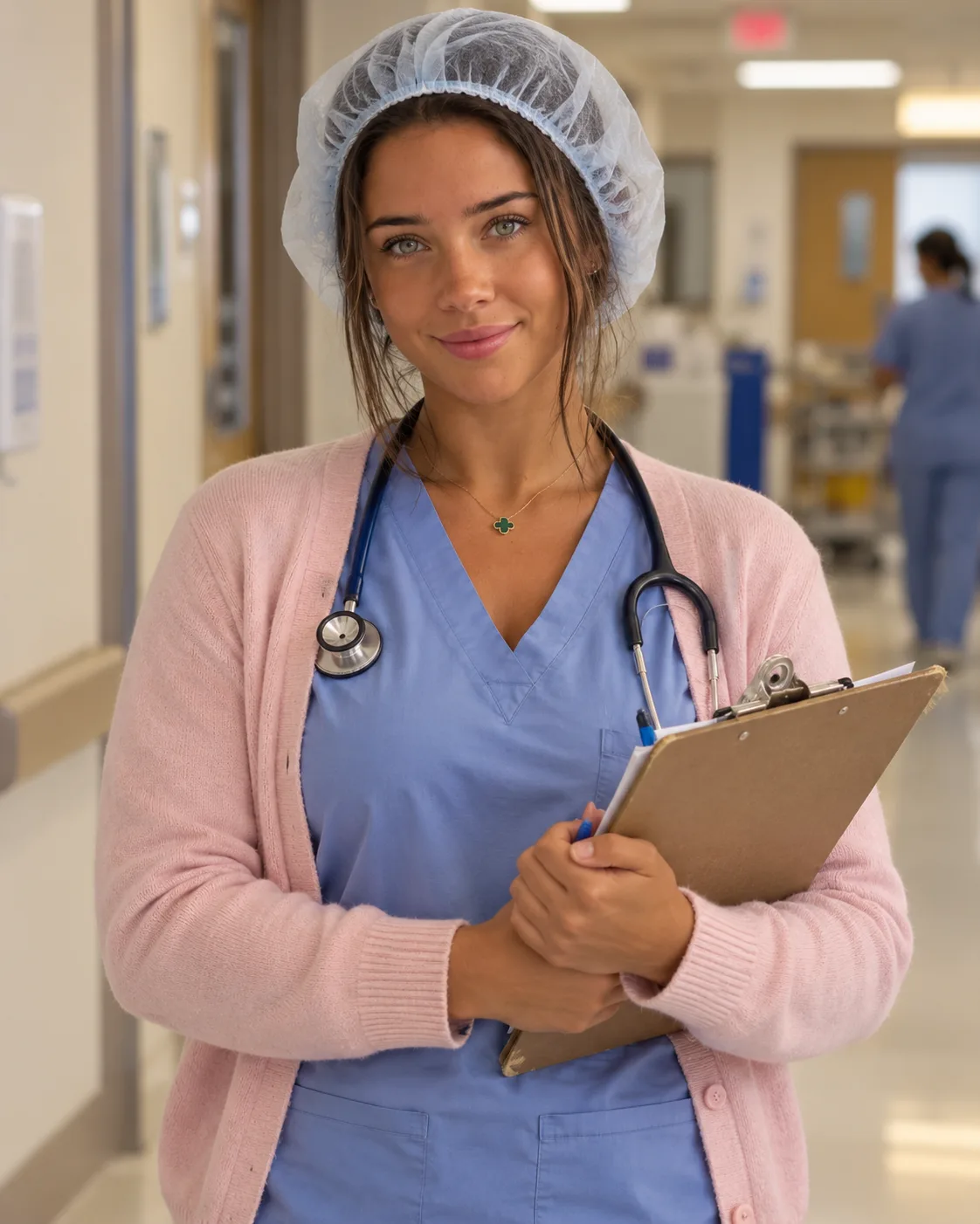 Nurse Denise in a pastel cardigan holding a clipboard