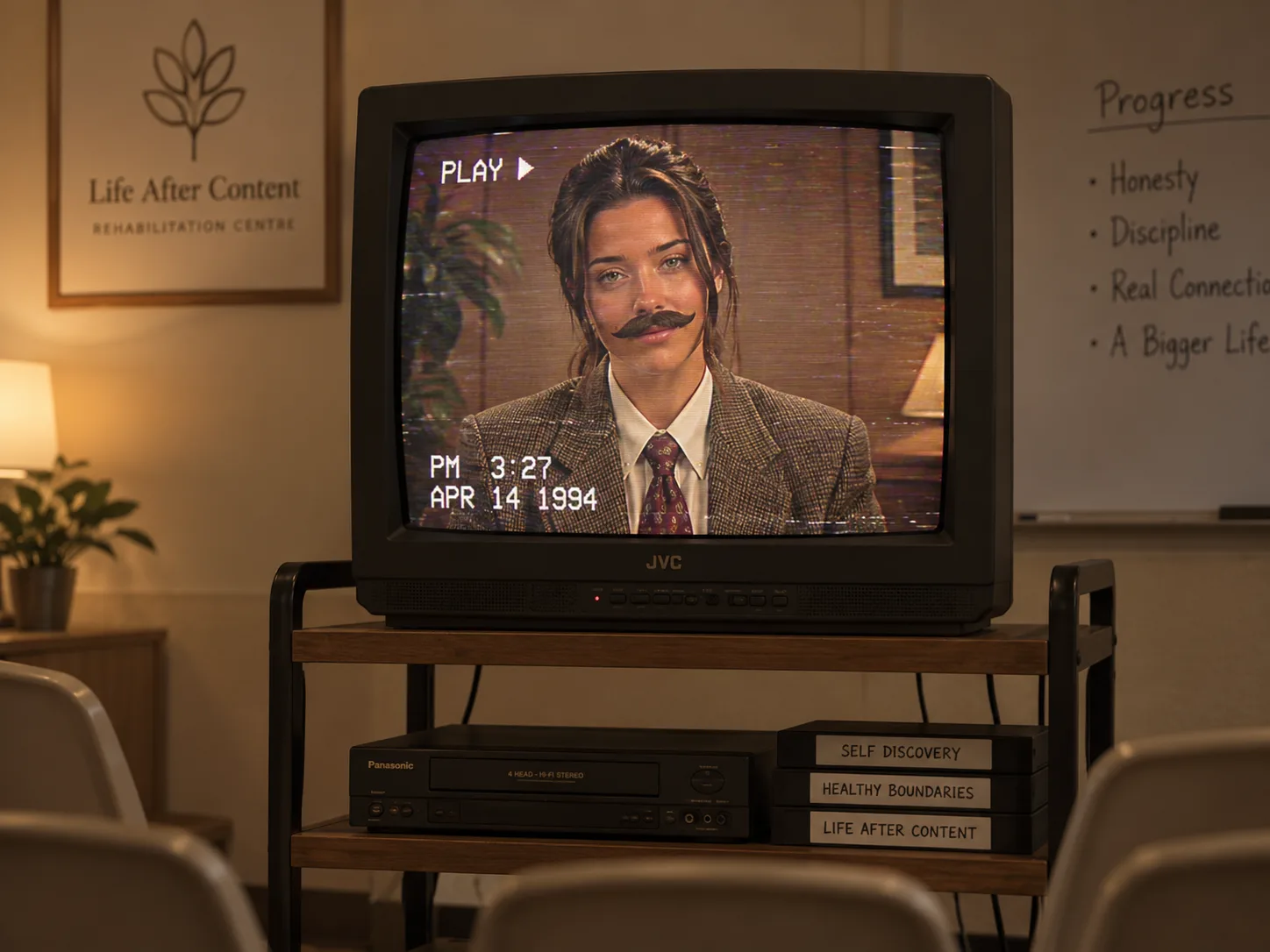 Dr. Michael Hunt appearing on an old CRT television on a wooden cart